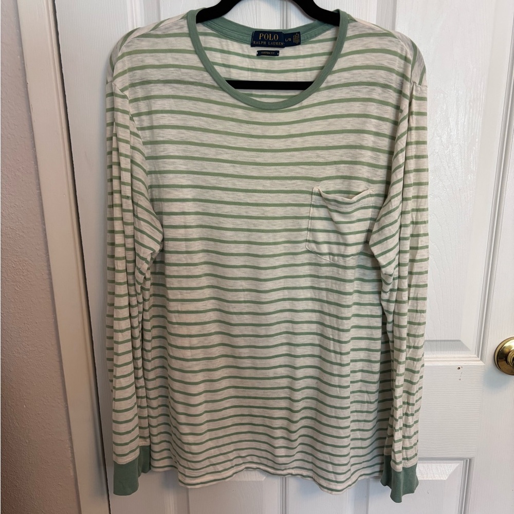 Polo Ralph Lauren Green Cream Stripe Long Sleeve Tee Shirt, L